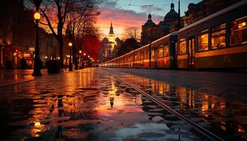 ai généré célèbre ville horizon illuminé par le coucher du soleil réflexion généré par ai photo