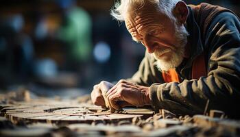 ai généré Sénior Charpentier travail avec bois dans atelier généré par ai photo