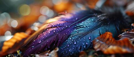 ai généré fermer de une violet et bleu plume photo