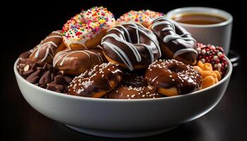 ai généré indulgent Donut avec coloré glaçage sur foncé assiette généré par ai photo