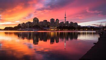 ai généré ville horizon reflète dans l'eau à crépuscule généré par ai photo