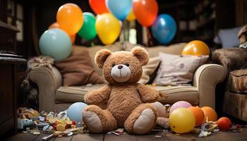 ai généré souriant enfant en jouant avec coloré des ballons à anniversaire fête généré par ai photo