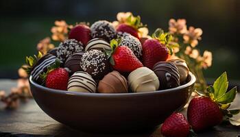 ai généré Chocolat dessert avec Frais fraise, gourmet indulgence généré par ai photo