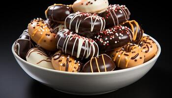 ai généré indulgent dessert, fait maison Chocolat Donut avec coloré glaçage généré par ai photo