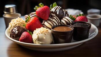 ai généré gourmet dessert, Chocolat crème avec Frais fraise généré par ai photo