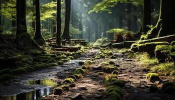 ai généré tranquille scène de une vert forêt dans l'automne généré par ai photo