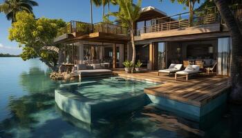 ai généré luxe bungalow par le piscine, tropical paradis généré par ai photo