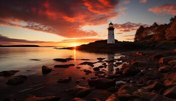 ai généré le coucher du soleil plus de tranquille littoral, l'eau reflète multi coloré beauté généré par ai photo