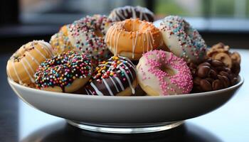 ai généré gourmet Donut, sucré tentation, indulgence dans mauvais pour la santé en mangeant généré par ai photo