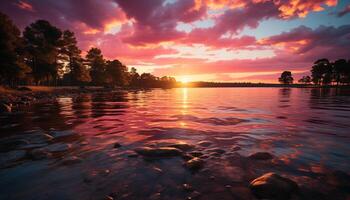 ai généré le coucher du soleil plus de tranquille eau, la nature beauté réfléchi généré par ai photo