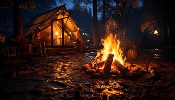 ai généré embrasé feu de camp illumine foncé forêt, fournir chaleur généré par ai photo