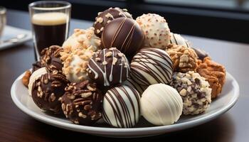 ai généré gourmet Chocolat truffe dessert sur une blanc assiette généré par ai photo