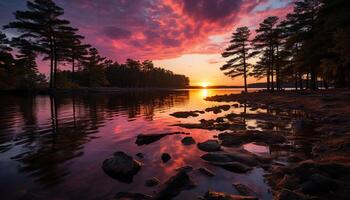 ai généré tranquille scène de le coucher du soleil plus de eau, reflétant la nature généré par ai photo