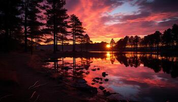 ai généré tranquille scène de le coucher du soleil plus de eau, vibrant la nature généré par ai photo