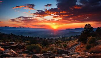 ai généré majestueux Montagne de pointe silhouette contre une tranquille le coucher du soleil généré par ai photo