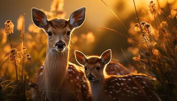 ai généré mignonne Jeune cerf pâturage dans le Prairie généré par ai photo