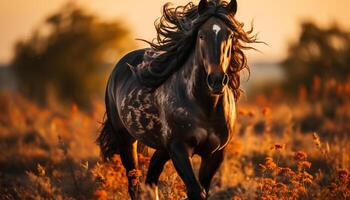 ai généré fonctionnement étalon dans le Prairie à le coucher du soleil généré par ai photo