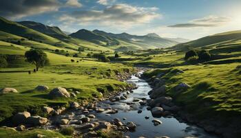 ai généré majestueux Montagne intervalle reflète dans tranquille écoulement l'eau généré par ai photo