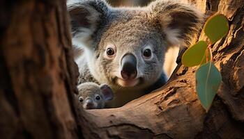 ai généré mignonne koala à la recherche à caméra sur eucalyptus arbre généré par ai photo