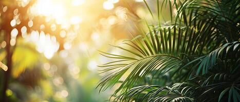 ai généré rayons de soleil filtre par vibrant vert paume feuilles photo