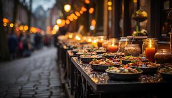 ai généré a la chandelle dîner en dessous de le nuit ciel, culturel fête généré par ai photo