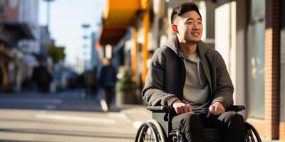 ai généré sur de soi homme dans fauteuil roulant en plein air photo