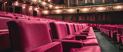 ai généré vide cinéma salle avec Lignes de peluche rose des places photo