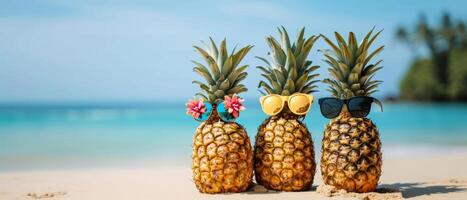 ai généré Trois Ananas portant coloré des lunettes de soleil sur une ensoleillé plage, évoquant une amusant, tropical vibe photo