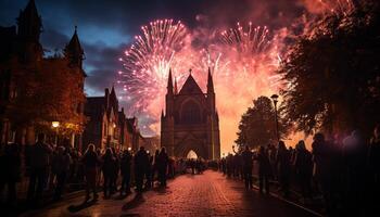 ai généré la nuit fête illumine célèbre religieux architecture en plein air généré par ai photo