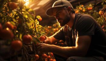 ai généré un homme plantation tomates dans une légume jardin généré par ai photo