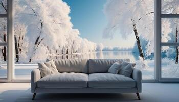 ai généré hiver paysage avec neige couvert des arbres et confortable canapé généré par ai photo