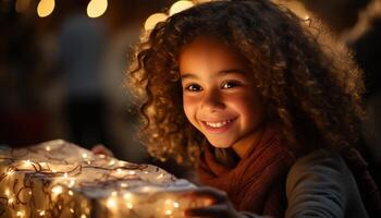 ai généré souriant enfant à la recherche à caméra, profiter Noël lumières généré par ai photo