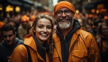 ai généré souriant couple en marchant dans ville, profiter hiver généré par ai photo