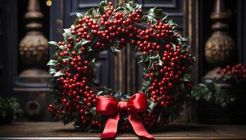 ai généré Noël couronne sur en bois porte, une de fête tradition généré par ai photo