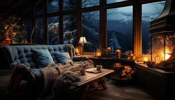 ai généré confortable hiver nuit dans une moderne rustique chalet généré par ai photo