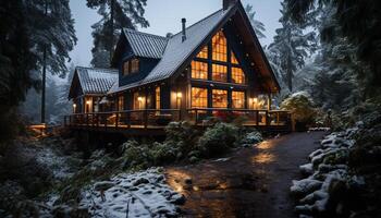 ai généré hiver nuit, neige couvert forêt, illuminé chalet fenêtre généré par ai photo