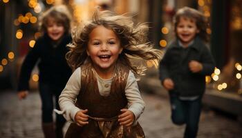 ai généré souriant les filles et garçons en jouant en plein air, de bonne humeur et mignonne généré par ai photo