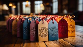 ai généré en bois Noël décorations sur une table dans une boutique généré par ai photo