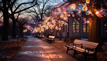 ai généré hiver nuit illuminé par multi coloré Noël lumières généré par ai photo