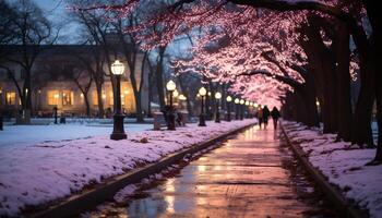 ai généré hiver nuit, neige couvert arbre illuminé par lanterne généré par ai photo