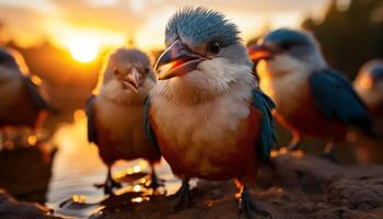 ai généré une coloré coucher de soleil, des oiseaux se percher sur une branche généré par ai photo