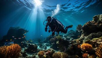 ai généré Hommes plongée dans bleu eau, explorant sous-marin récif généré par ai photo