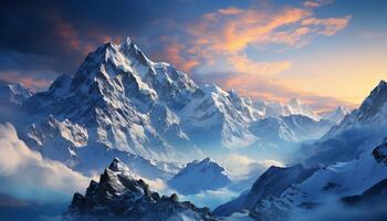 ai généré majestueux Montagne culminer, neige couvert, en dessous de bleu ciel généré par ai photo