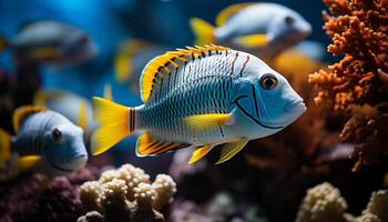 ai généré coloré pitre poisson nager dans une vibrant récif généré par ai photo