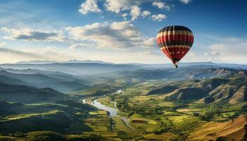 ai généré chaud air ballon en volant plus de Montagne paysage généré par ai photo