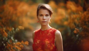 ai généré Jeune femme dans une magnifique l'automne forêt, souriant et à la recherche à caméra généré par ai photo