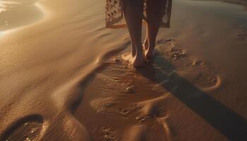 ai généré une femme des promenades pieds nus sur le sablonneux plage à le coucher du soleil généré par ai photo
