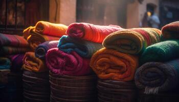 ai généré empiler de multi coloré textiles dans une de laine textile industrie généré par ai photo