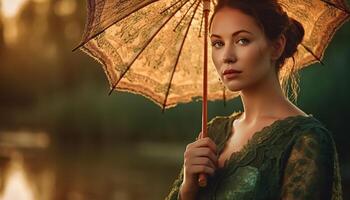 ai généré magnifique femme dans nature, élégance et sensualité en dessous de le parapluie généré par ai photo