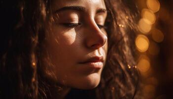 ai généré une magnifique Jeune femme souriant, profiter la nature serein le coucher du soleil généré par ai photo